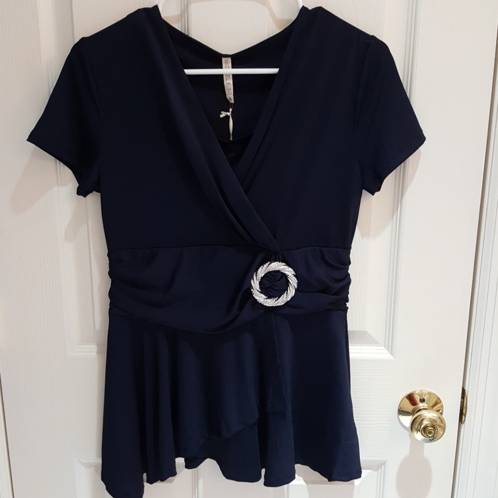 Navy blue faux wrap top with silver detail